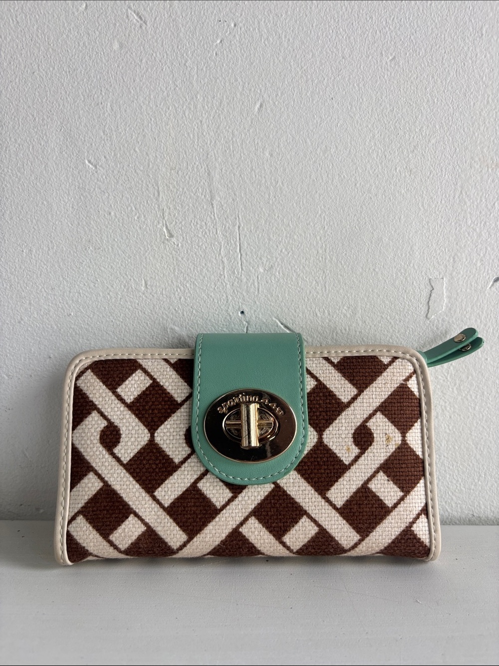 Spartina 449 Brown & Cream Geometric Wallet with Mint Strap - Picture 2 of 6